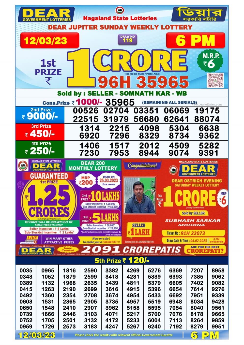 Lottery Sambad Day 12-03-2023 Dear 6PM Day Result