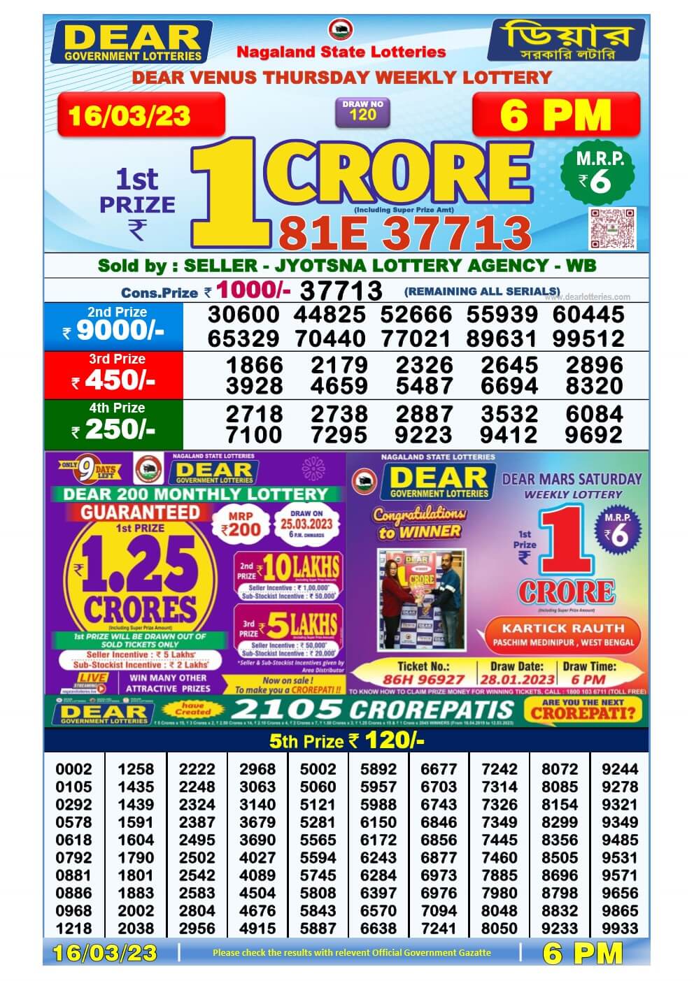 Lottery Sambad Day 16-03-2023  Dear 6PM Day Result