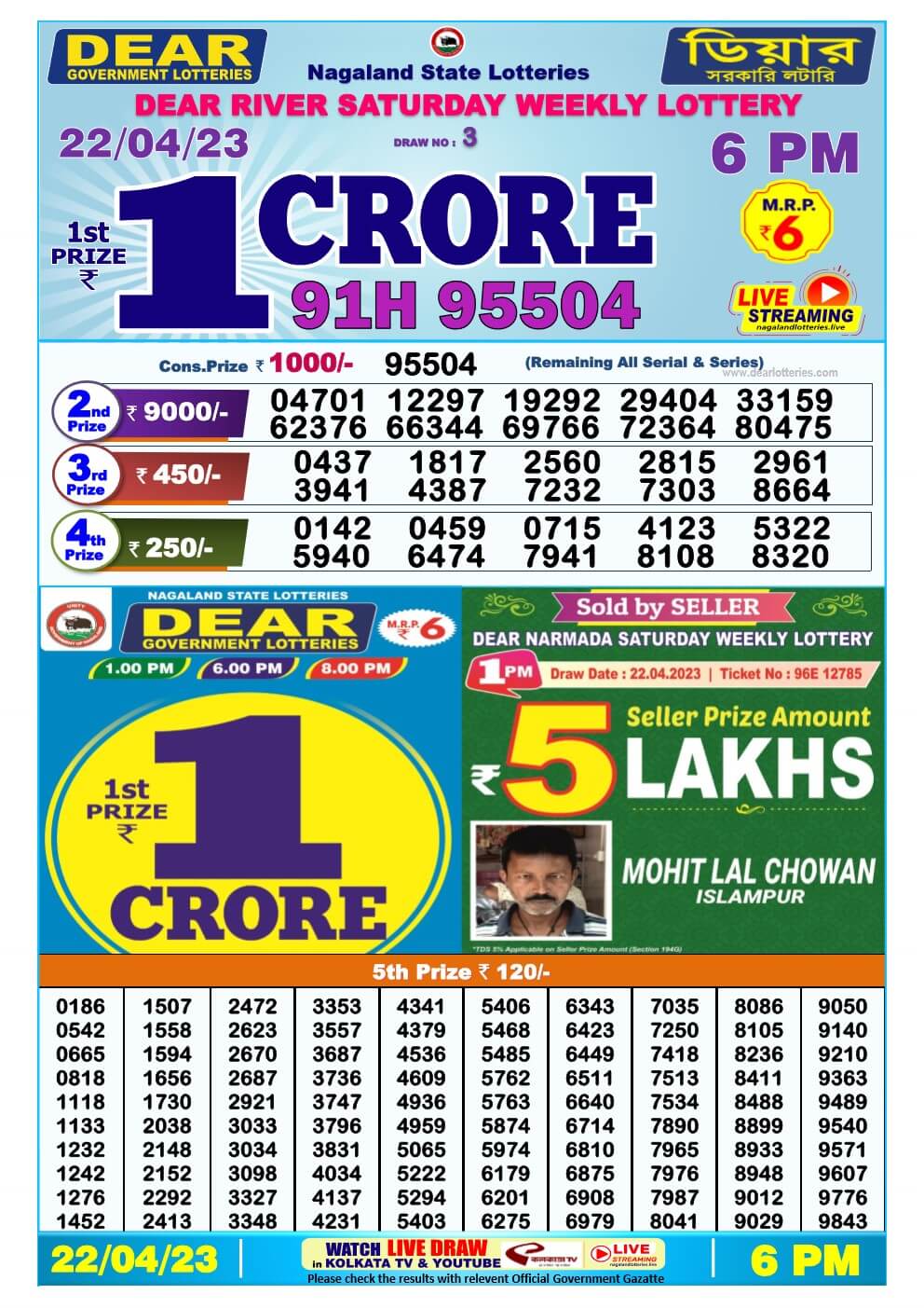 Lottery Sambad Day 22-04-2023 Dear 6PM Day Result