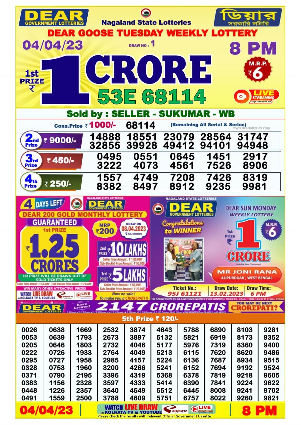 Lottery Sambad Day 04-04-2023 Dear 6PM Day Result