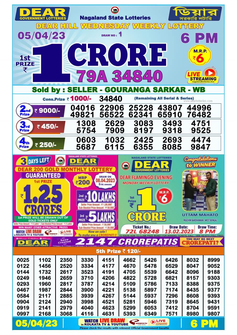 Lottery Sambad Night 05-04-2023 Dear 8PM Night Result