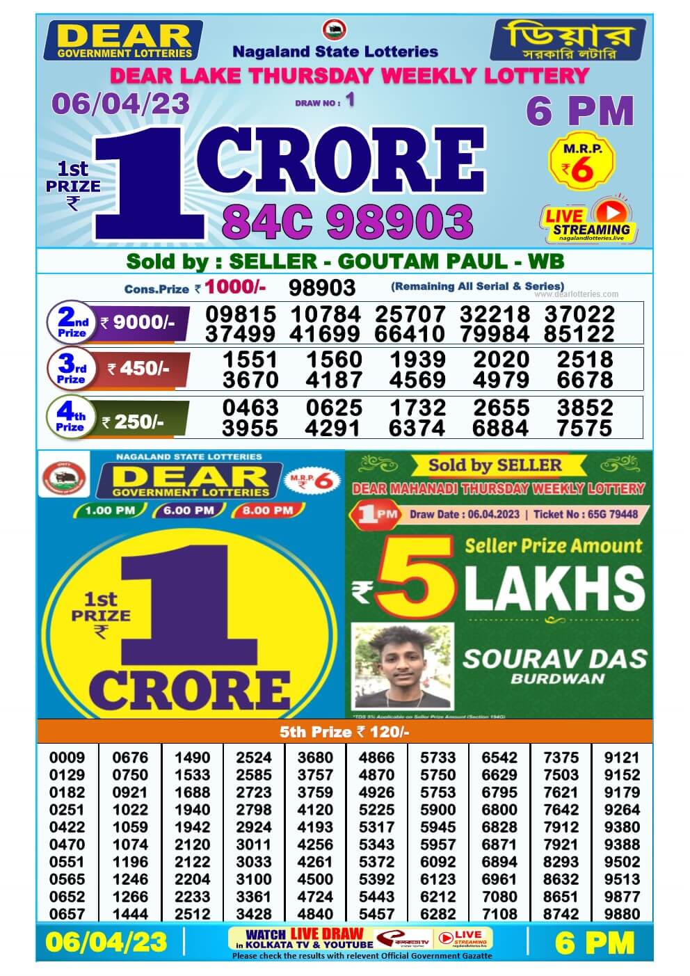 Lottery Sambad Day 06-04-2023 Dear 6PM Day Result