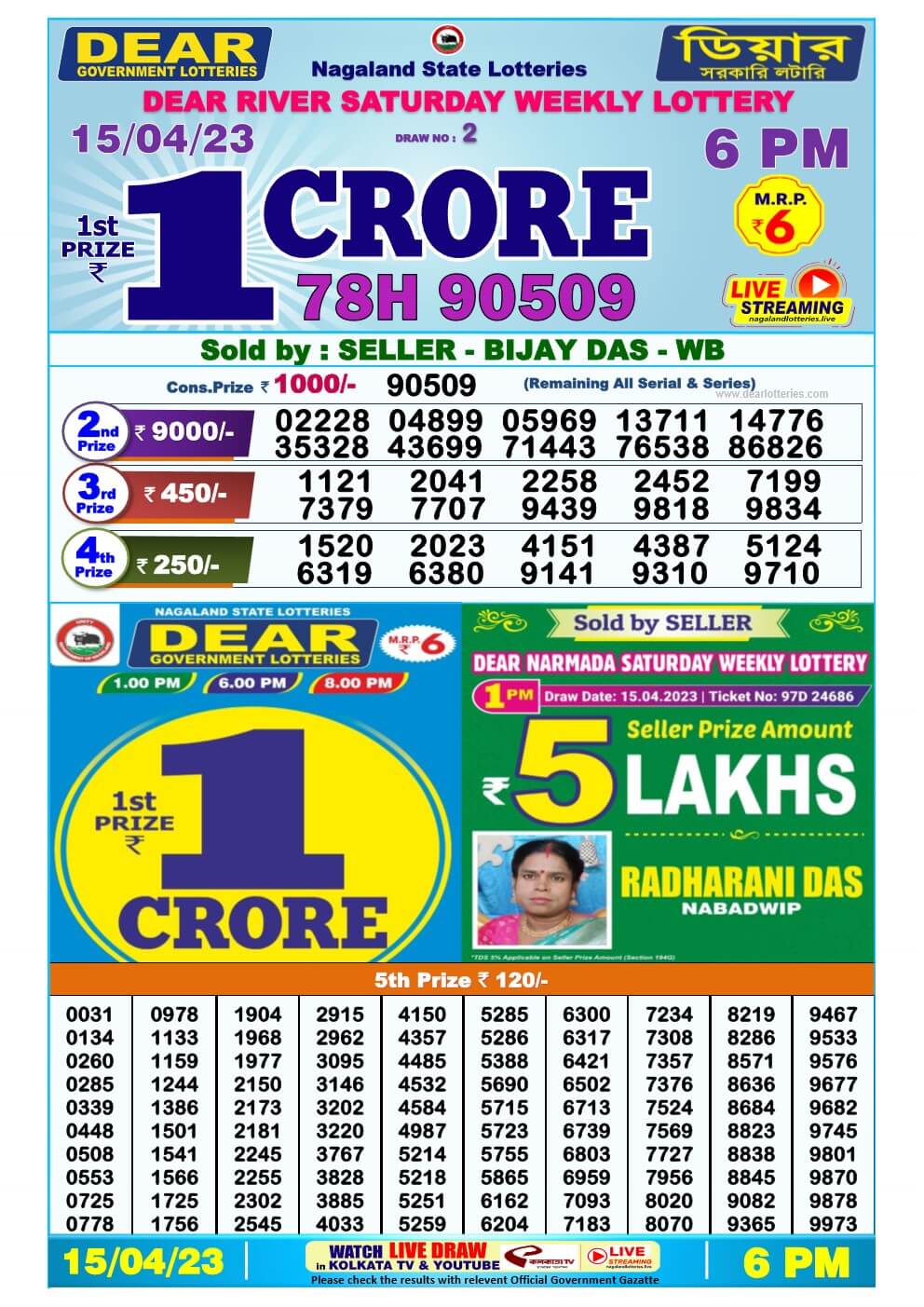 Lottery Sambad Day 15-04-2023 Dear 6PM Day Result
