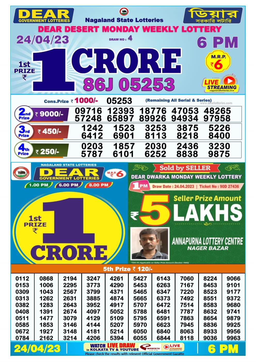 Lottery Sambad Day 24-04-2023  Dear 6PM Day Result