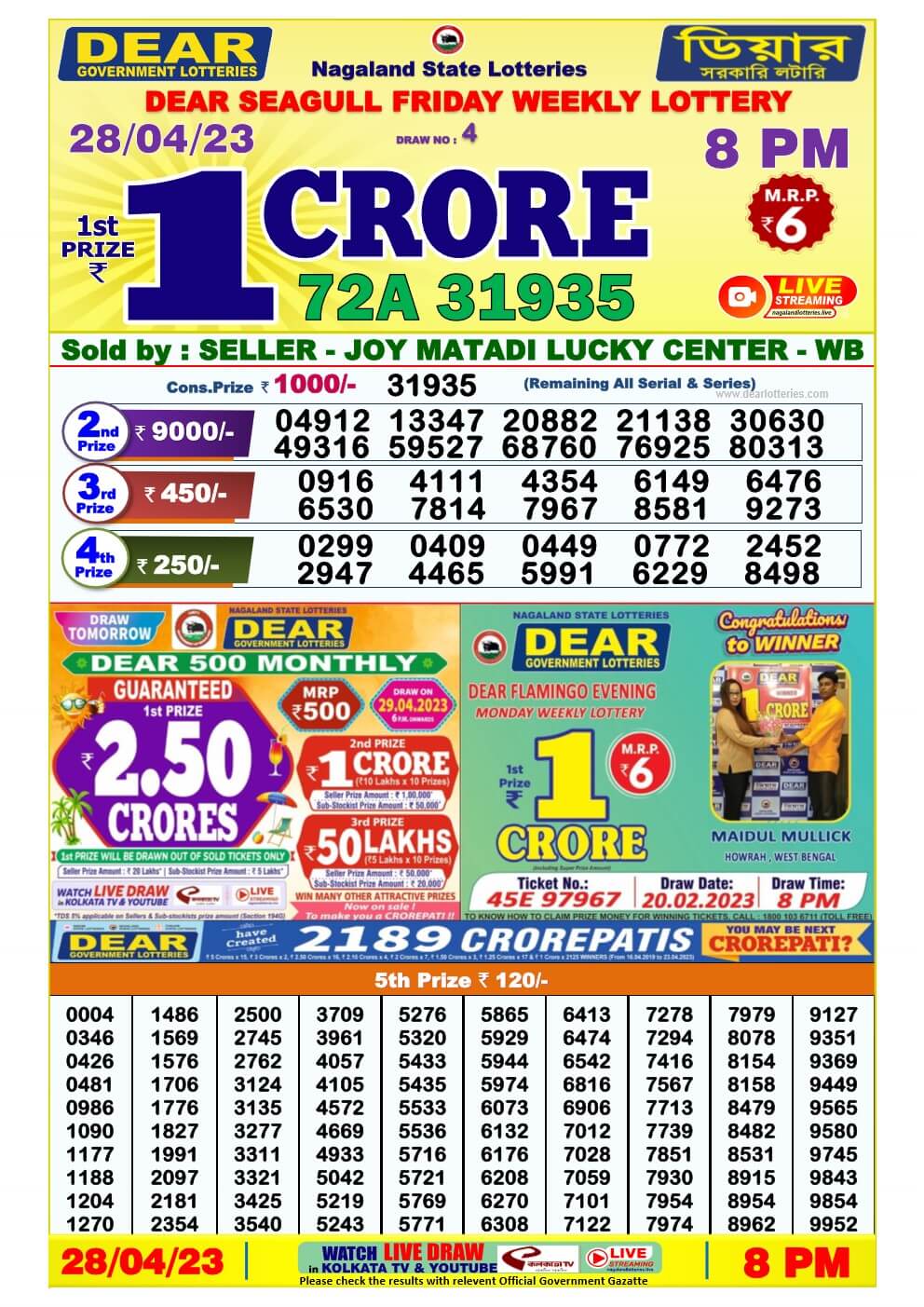 Lottery Sambad Night 28-04-2023   Dear 8PM Night Result