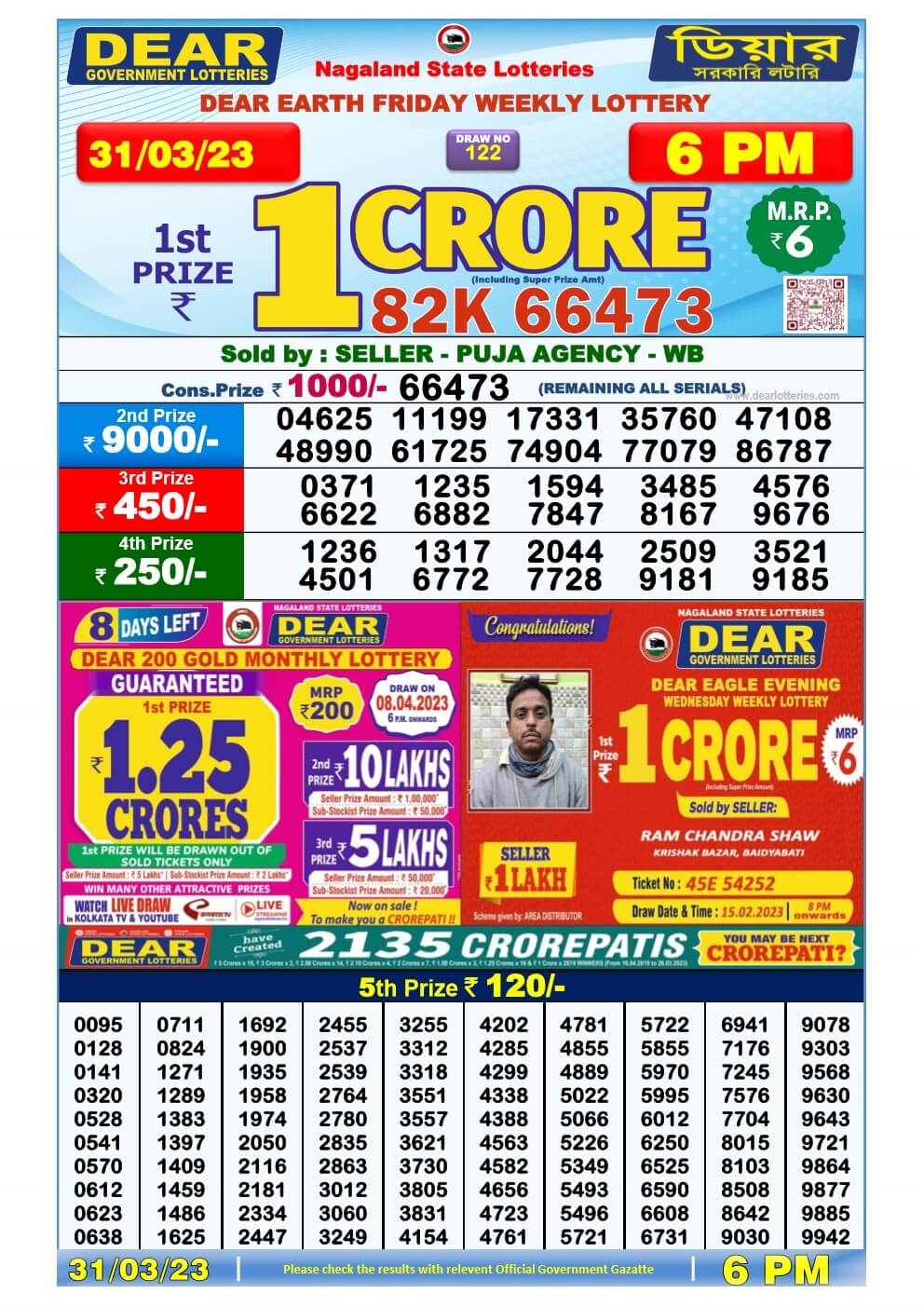 Lottery Sambad Day 31-03-2023 Dear 6PM Day Result