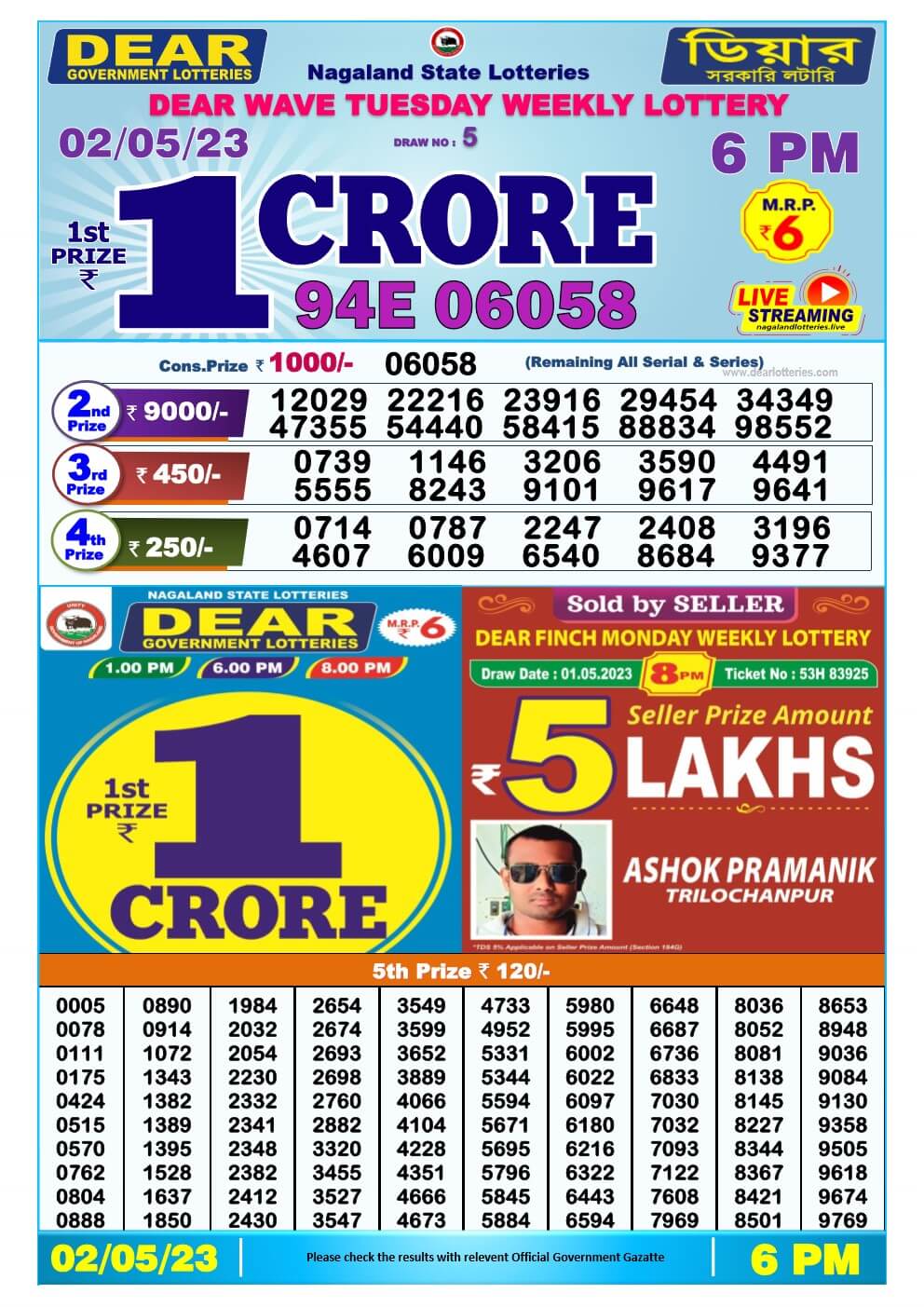 Lottery Sambad Day 02-05-2023 Dear 6PM Day Result