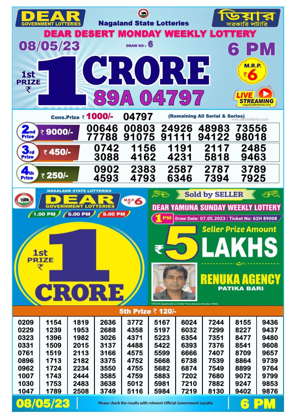 Lottery Sambad Day 08-05-2023 Dear 6PM Day Result