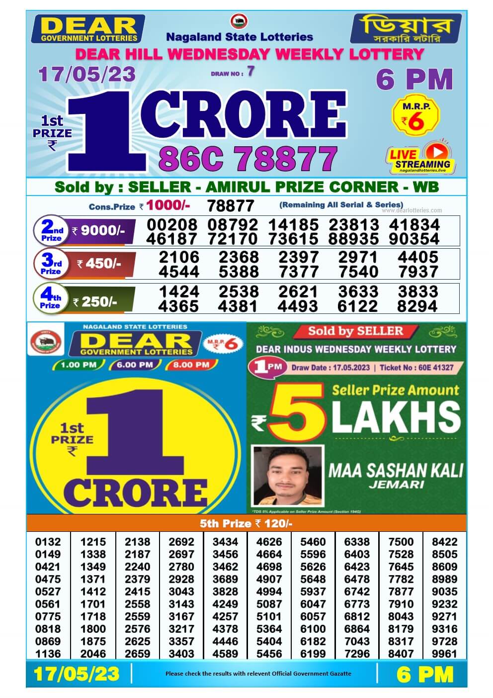 Lottery Sambad Day 17-05-2023  Dear 6PM Day Result