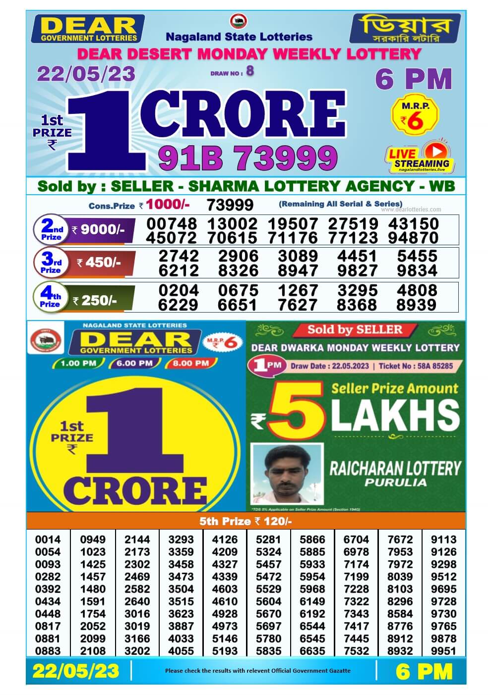 Lottery Sambad Day 22-05-2023 Dear 6PM Day Result