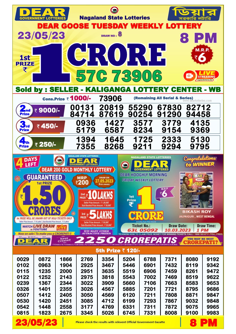 Lottery Sambad Night 23-05-2023 Dear 8PM Night Result