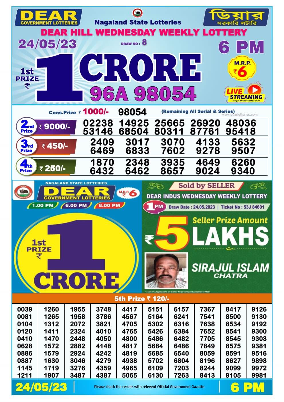 Lottery Sambad Day 24-05-2023  Dear 6PM Day Result