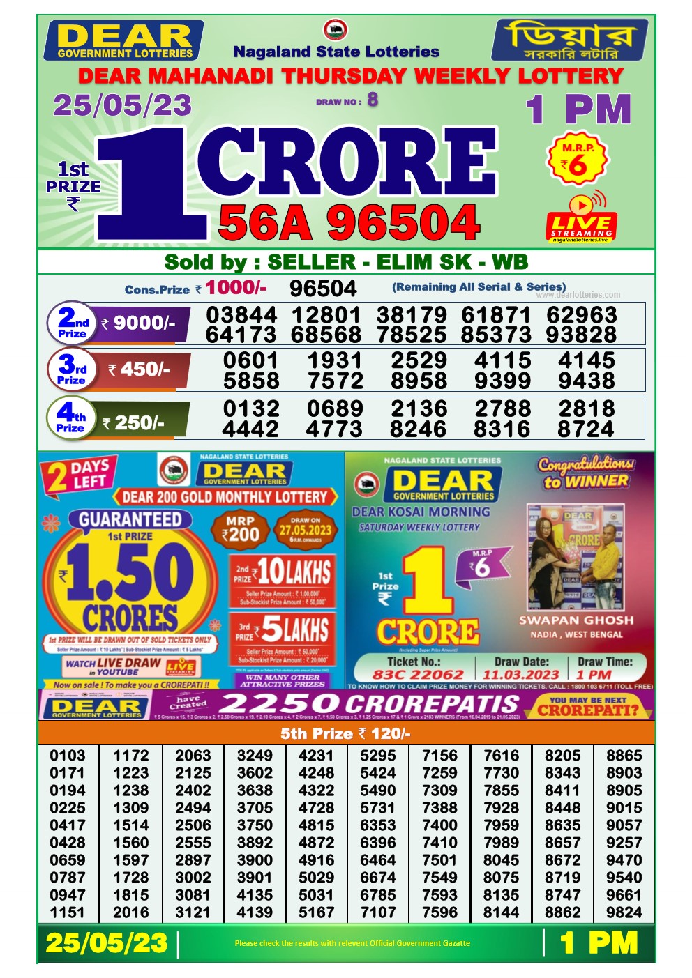 Lottery Sambad Morning 25-05-2023  Dear 1PM Morning Result
