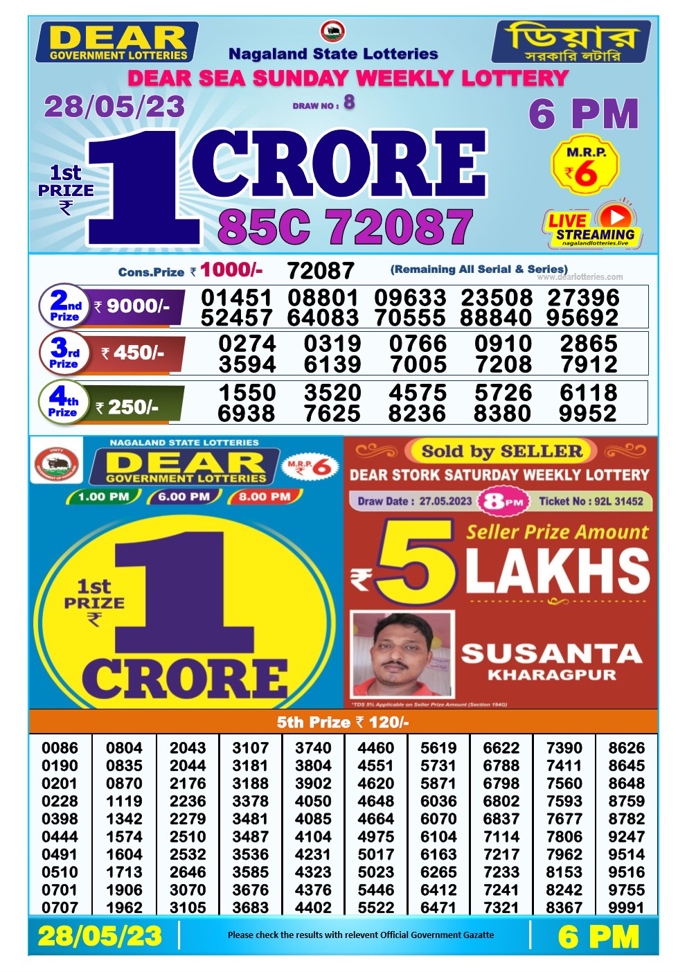 Lottery Sambad Day 28-05-2023 Dear 6PM Day Result
