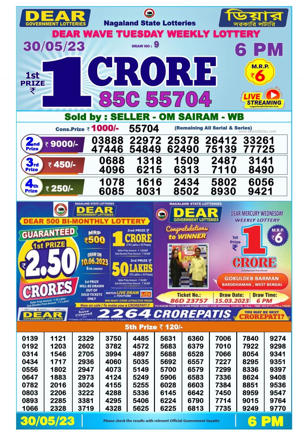 Lottery Sambad Day 30-05-2023 Dear 6PM Day Result