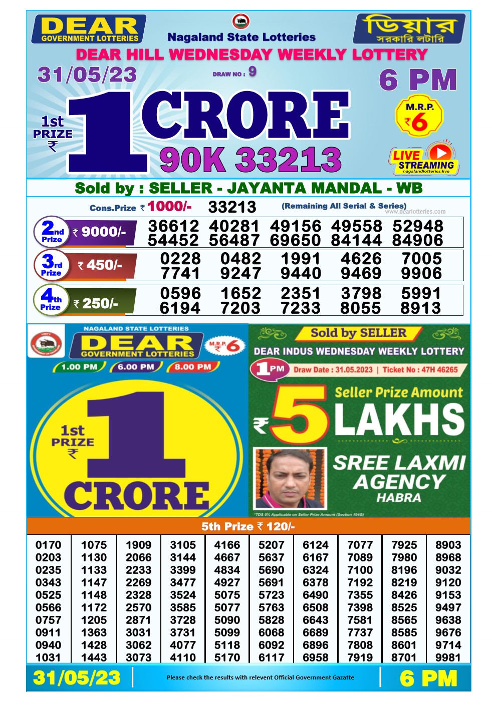 Lottery Sambad Day 31-05-2023 Dear 6PM Day Result
