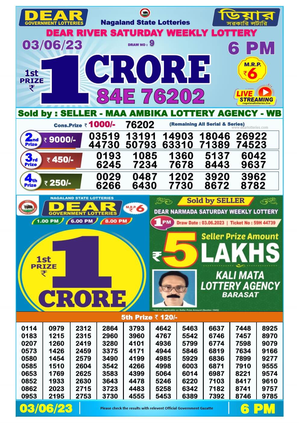Lottery Sambad Day 03-06-2023  Dear 6PM Day Result