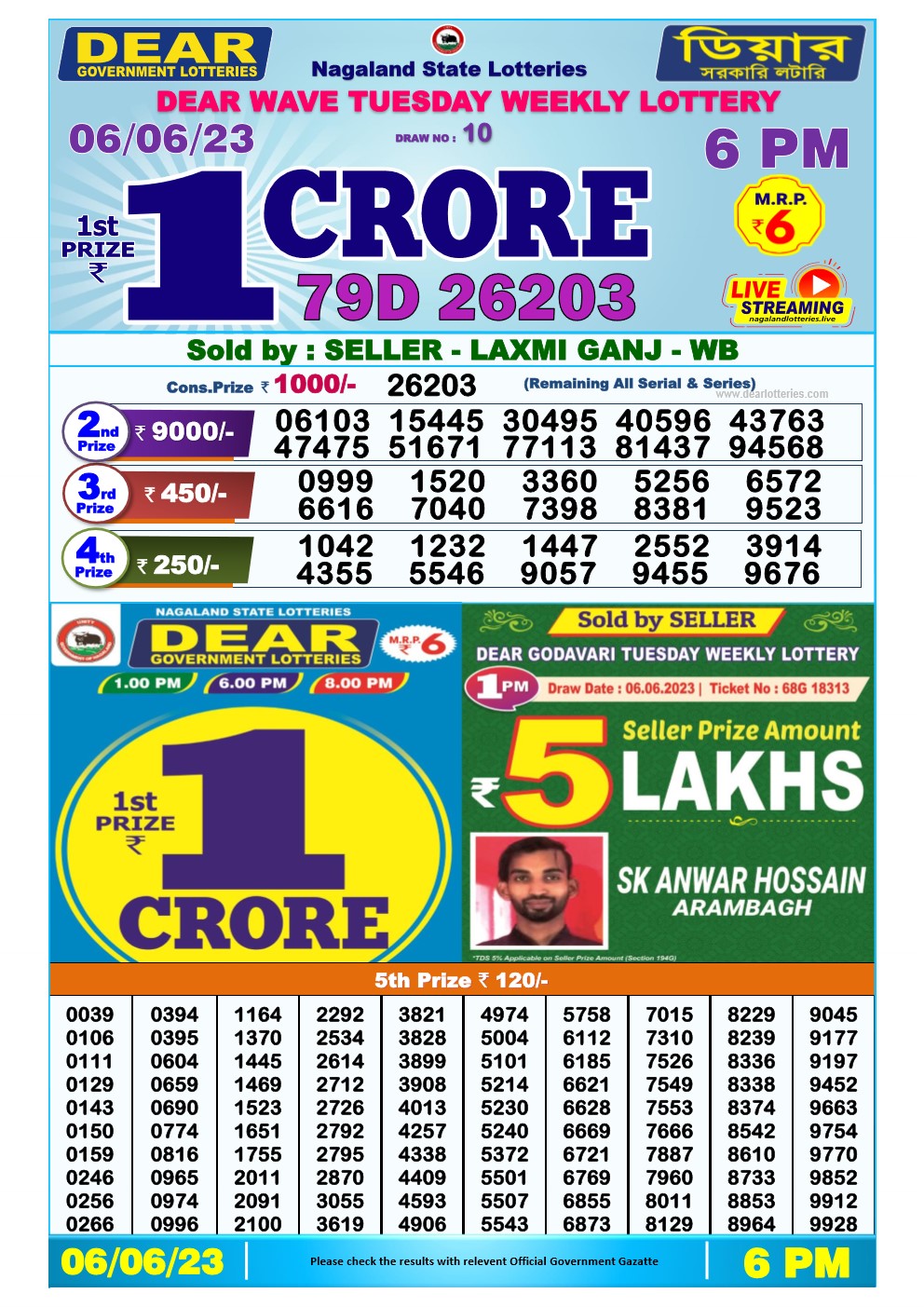 Lottery Sambad Day 06-06-2023  Dear 6PM Day Result