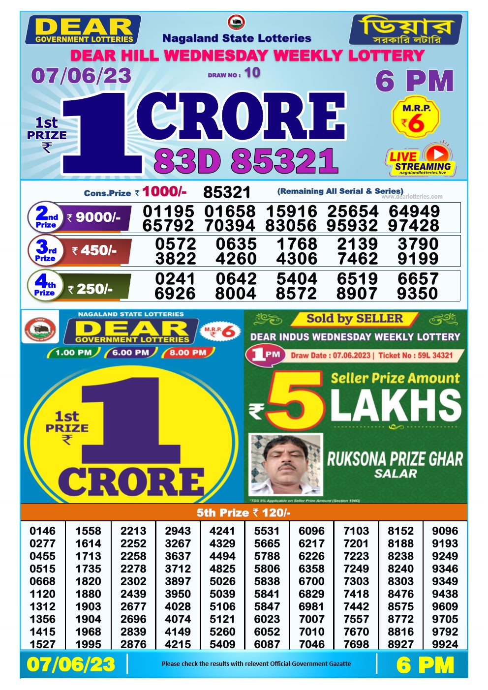 Lottery Sambad Day 07-06-2023  Dear 6PM Day Result