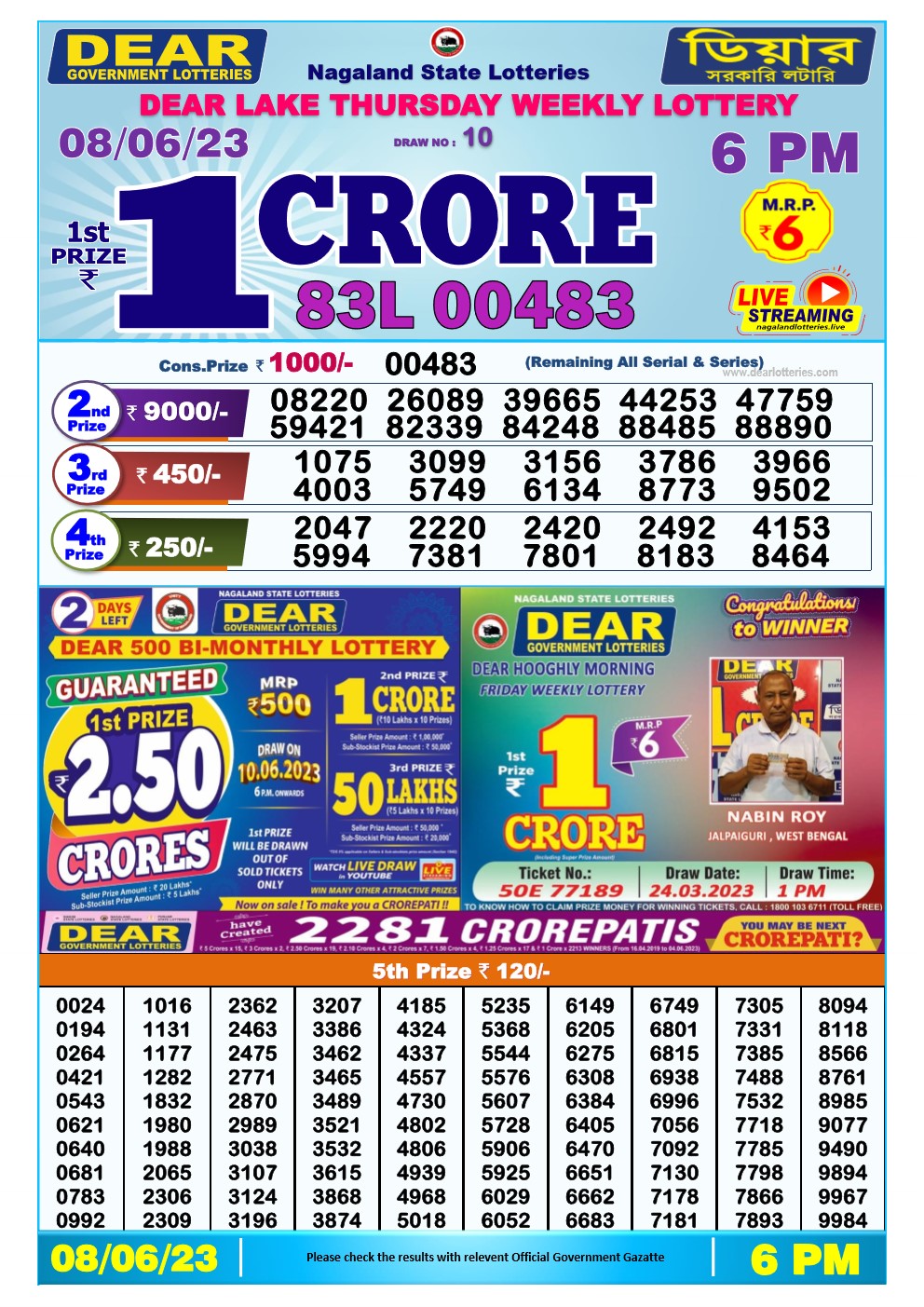 Lottery Sambad Day 08-06-2023  Dear 6PM Day Result