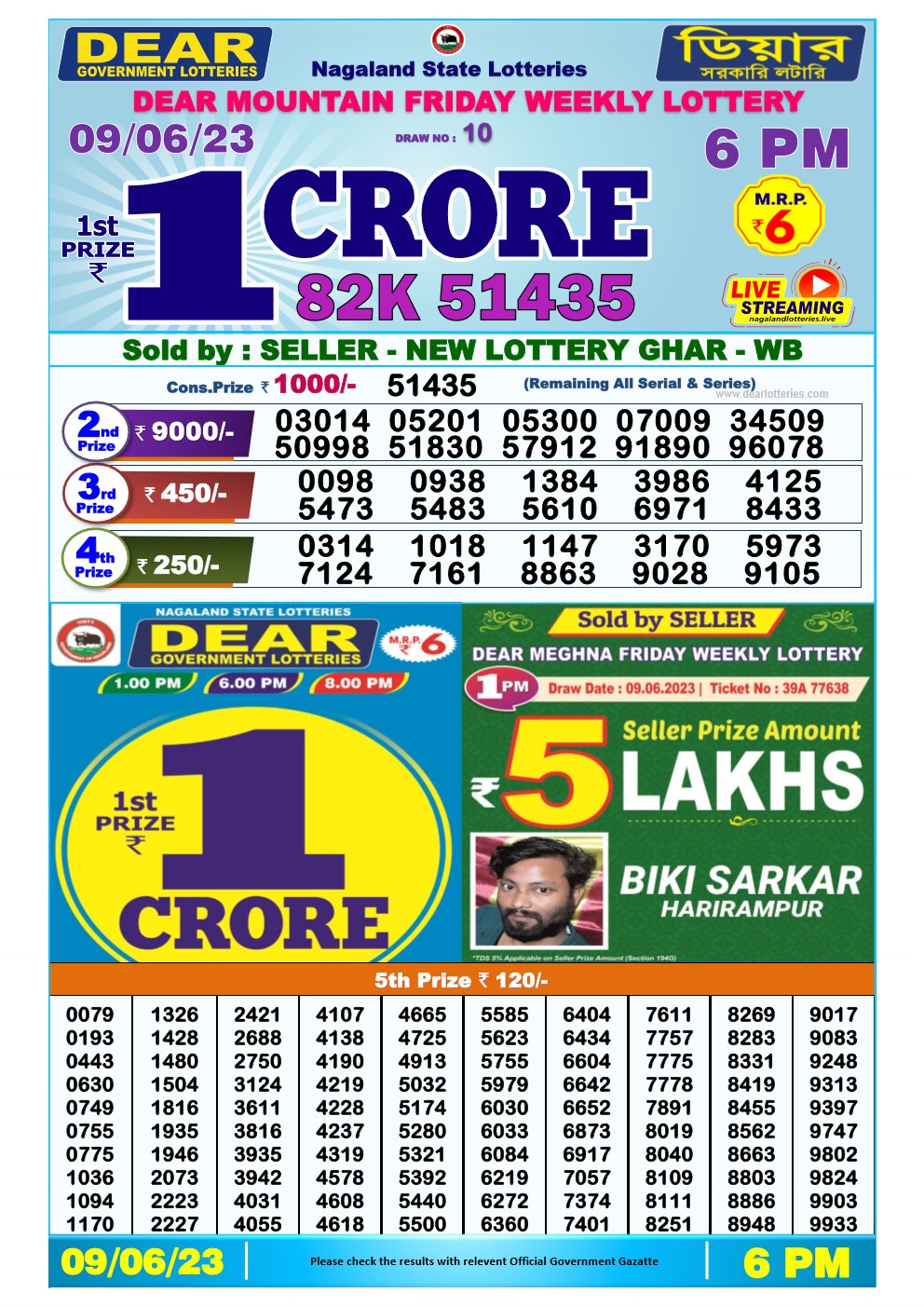 Lottery Sambad Day 09-06-2023  Dear 6PM Day Result