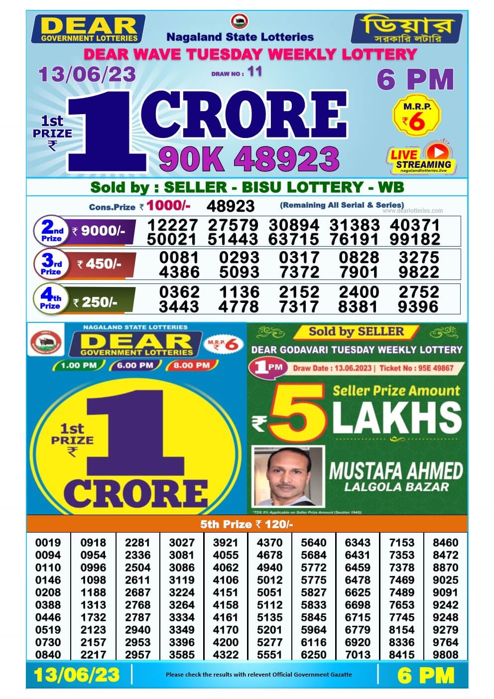 Lottery Sambad Day 13-06-2023 Dear 6PM Day Result