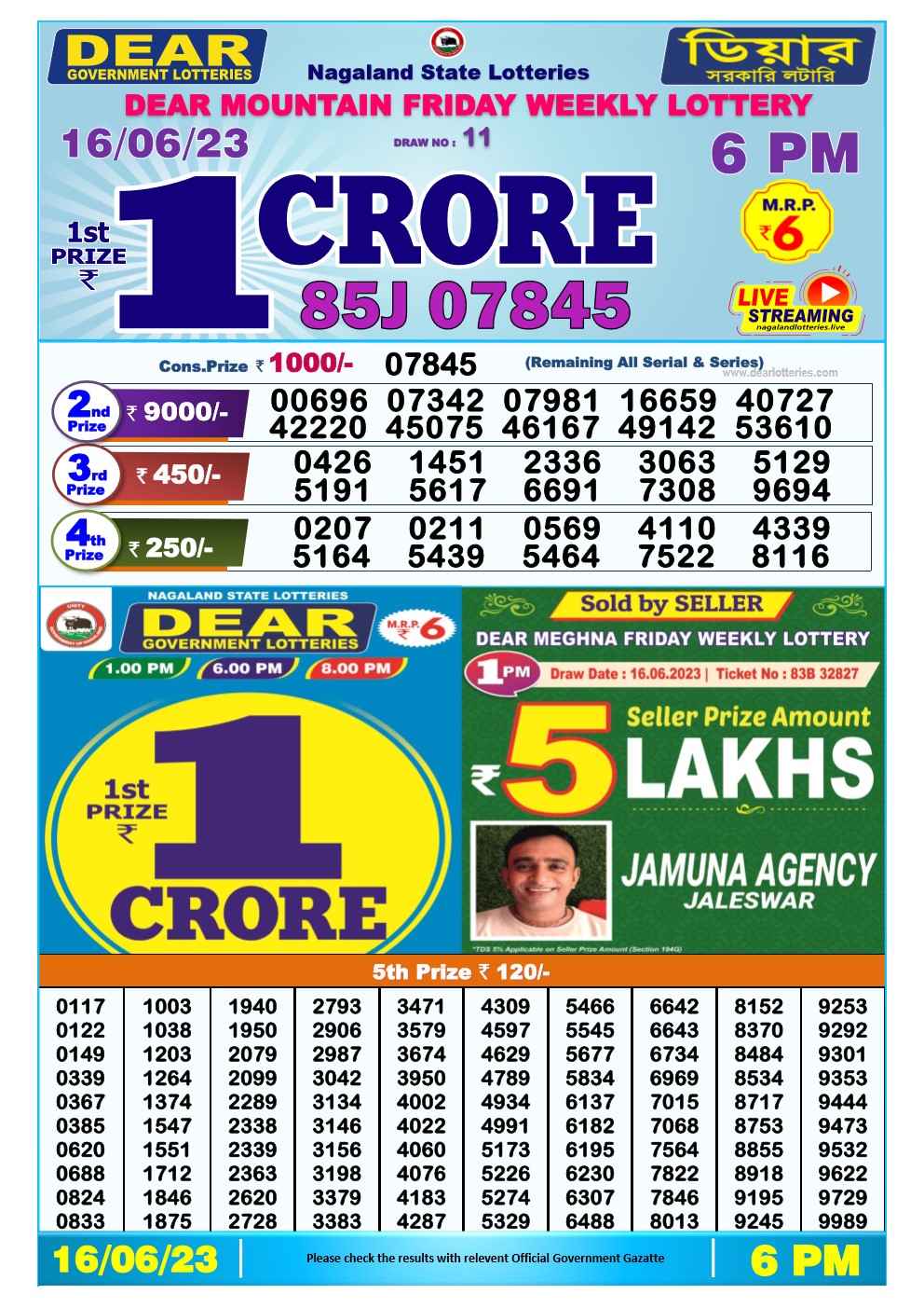 Lottery Sambad Day 16-06-2023 Dear 6PM Day Result