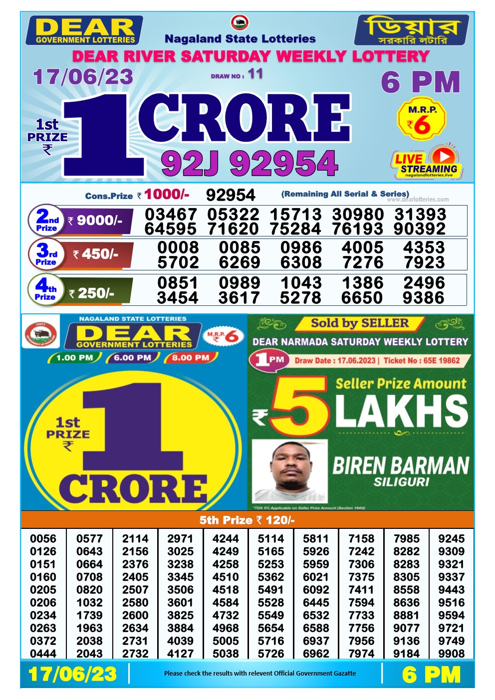 Lottery Sambad Day 17-06-2023 Dear 6PM Day Result