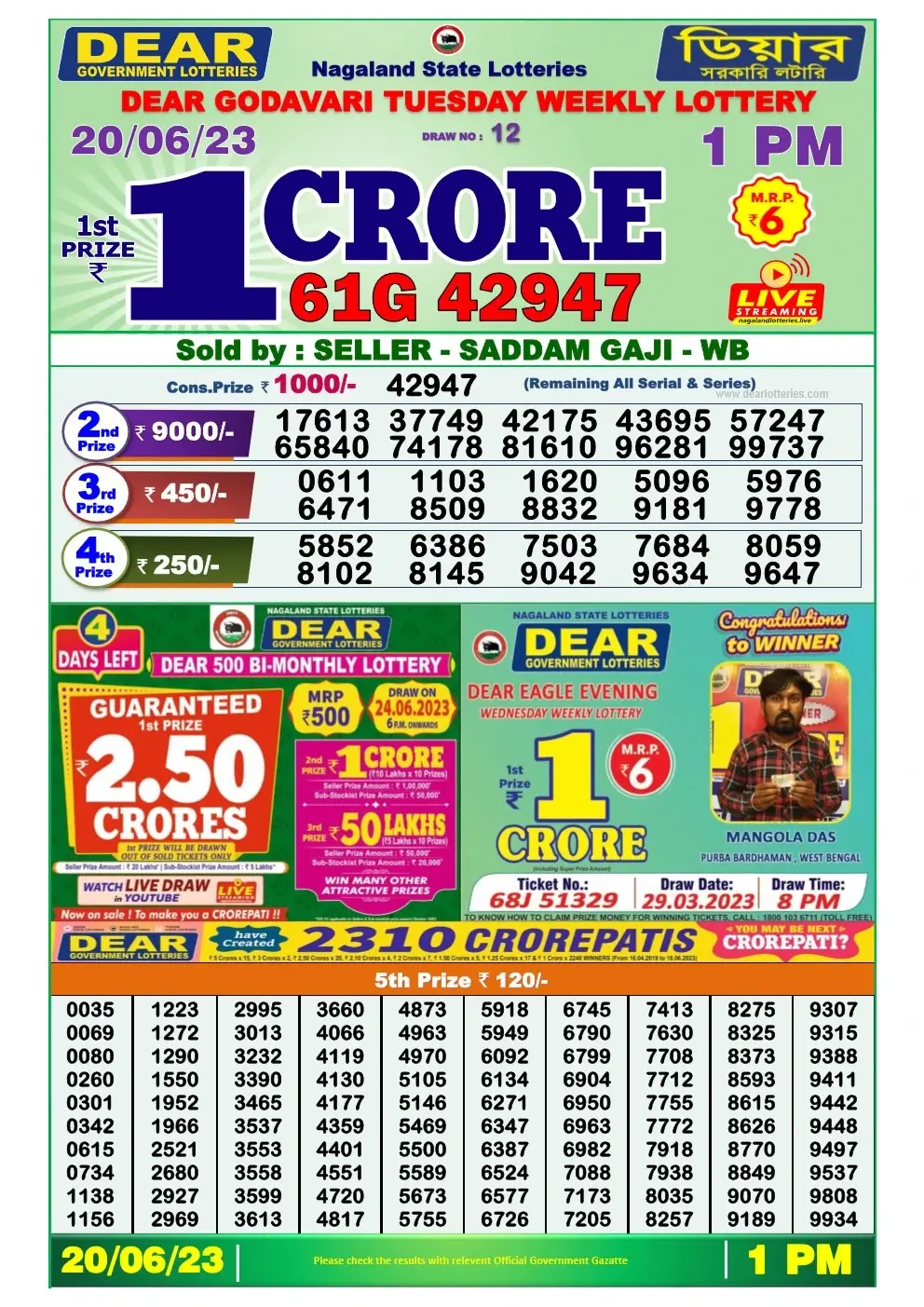 Lottery Sambad Morning 20-06-2023 Dear 1PM Morning Result