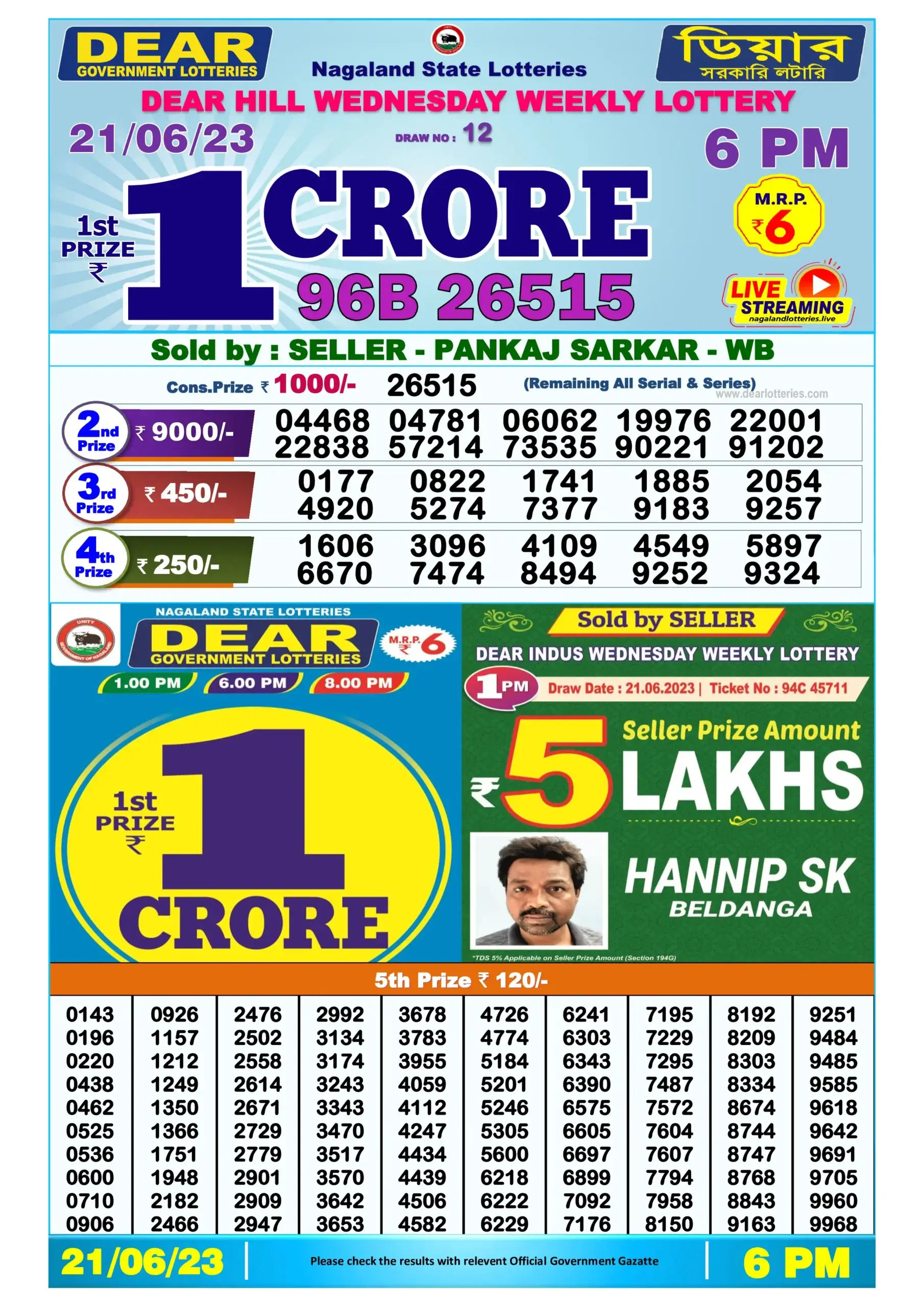 Lottery Sambad Day 21-06-2023 Dear 6PM Day Result