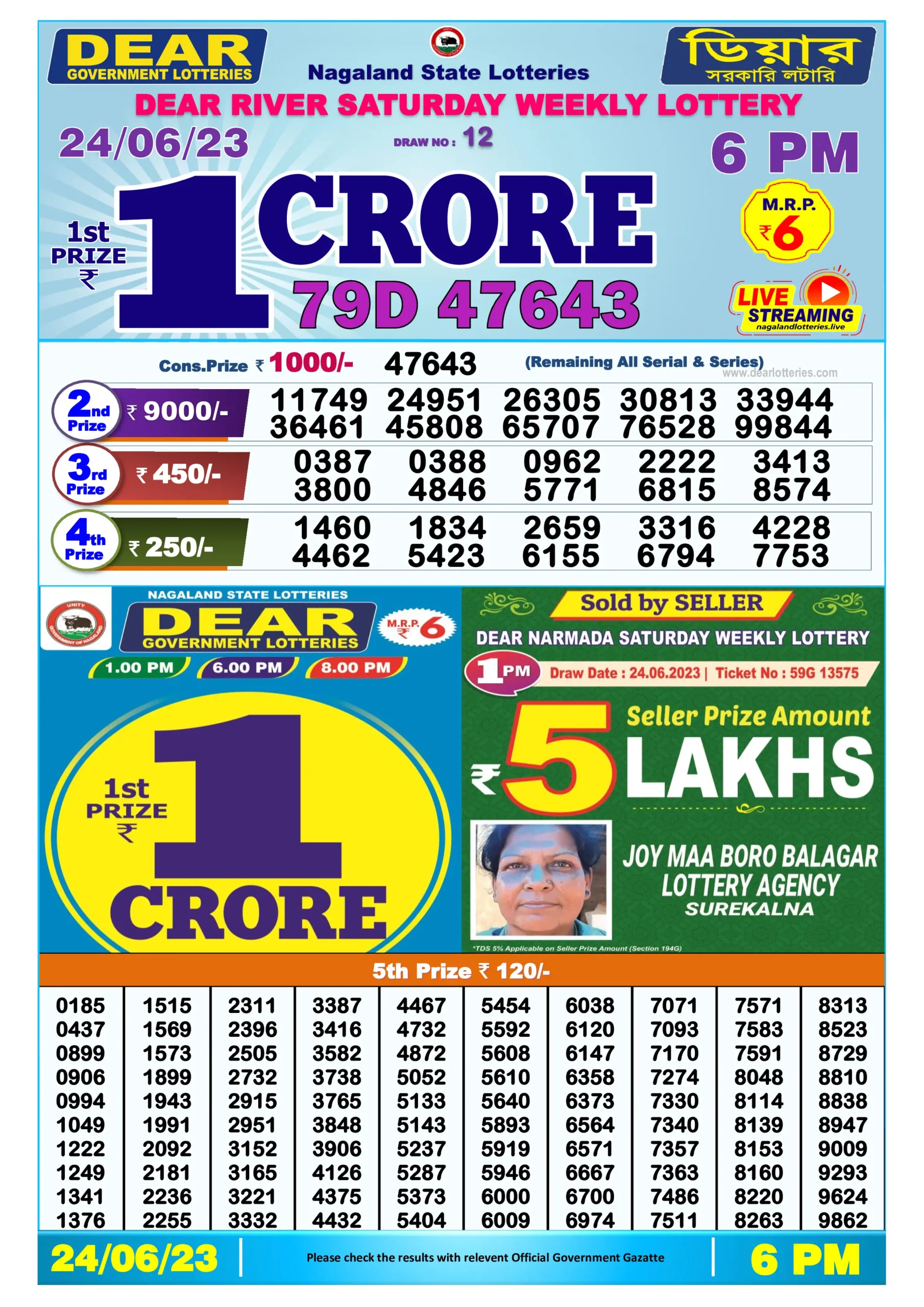 Lottery Sambad Day 24-06-2023 Dear 6PM Day Result