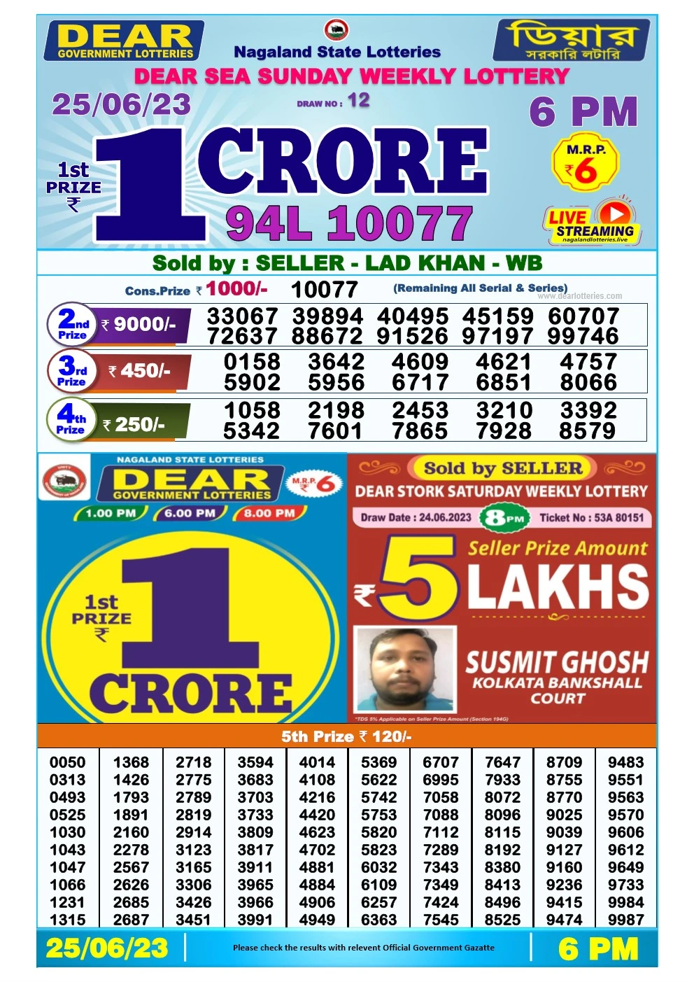 Lottery Sambad Day 25-06-2023 Dear 6PM Day Result