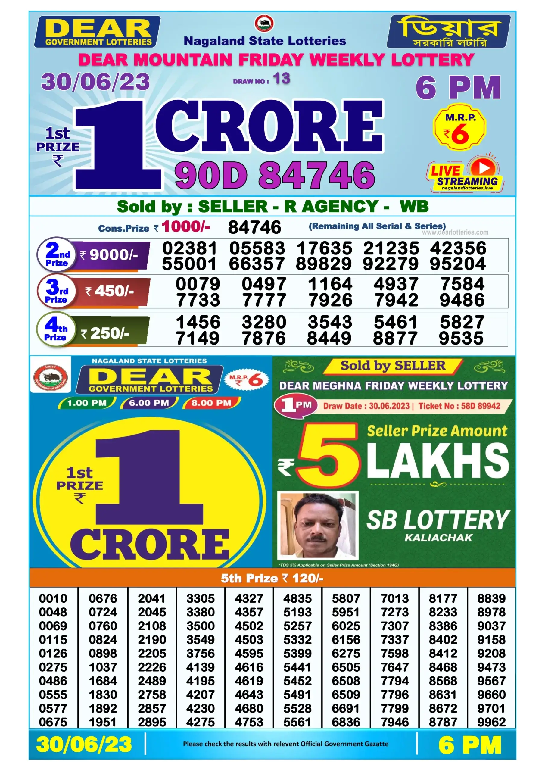 Lottery Sambad Day 30-06-2023 Dear 6PM Day Result
