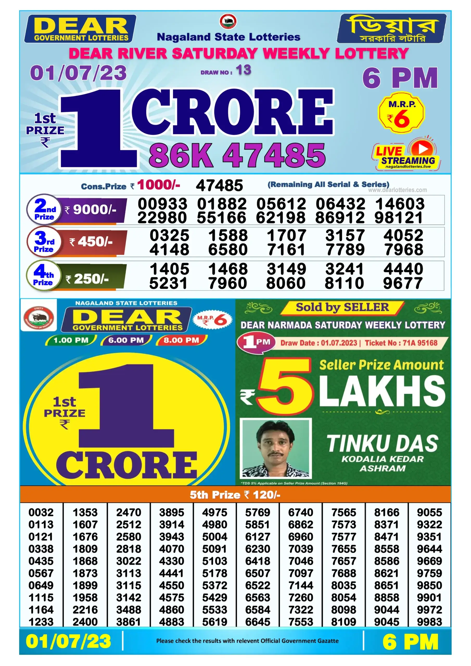 Lottery Sambad Day 01-07-2023 Dear 6PM Day Result