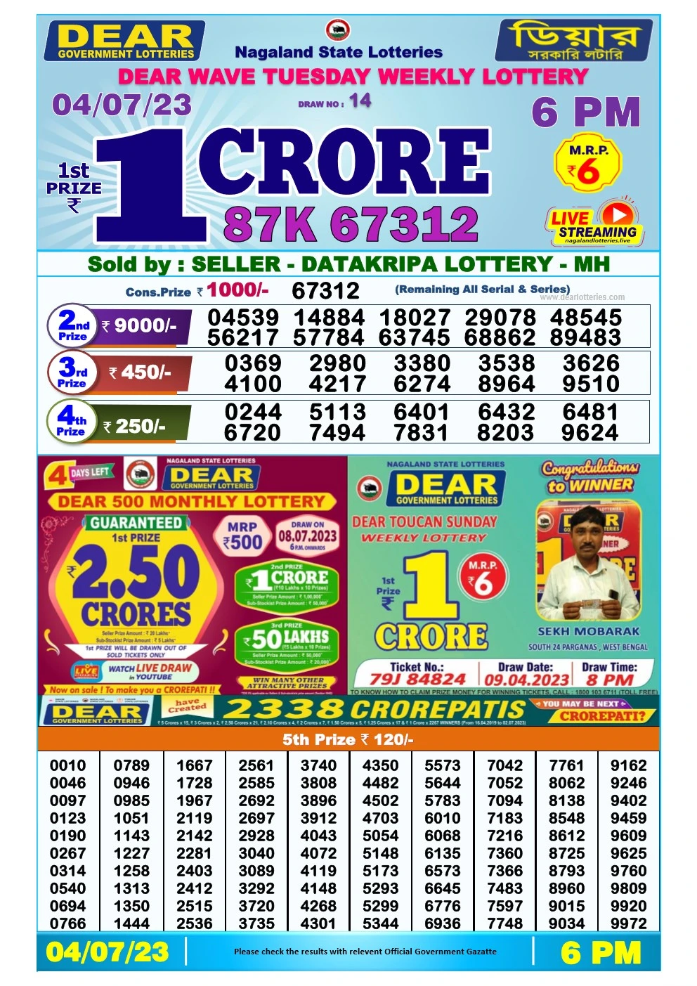Lottery Sambad Day 04-07-2023  Dear 6PM Day Result