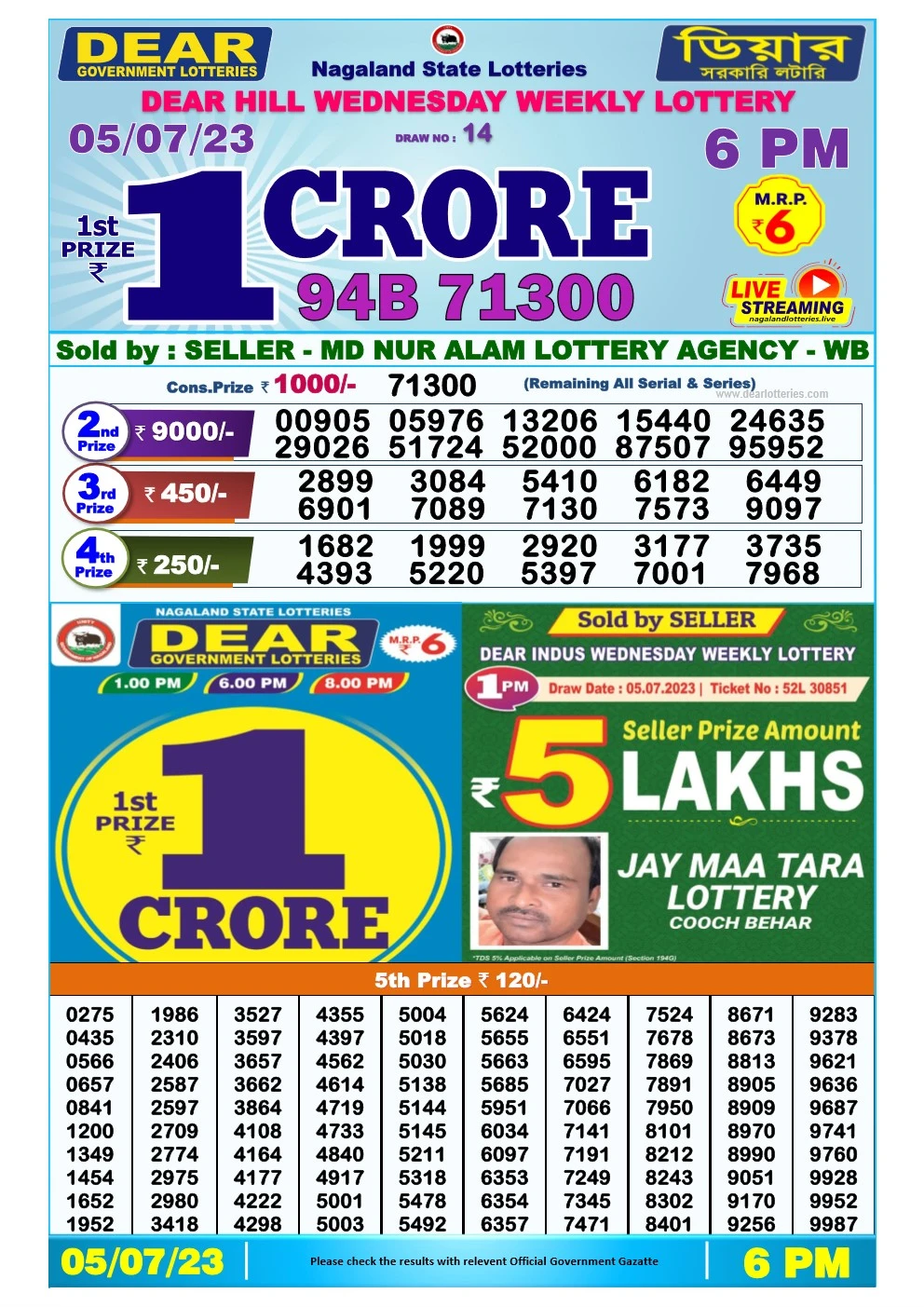 Lottery Sambad Day 05-07-2023  Dear 6PM Day Result