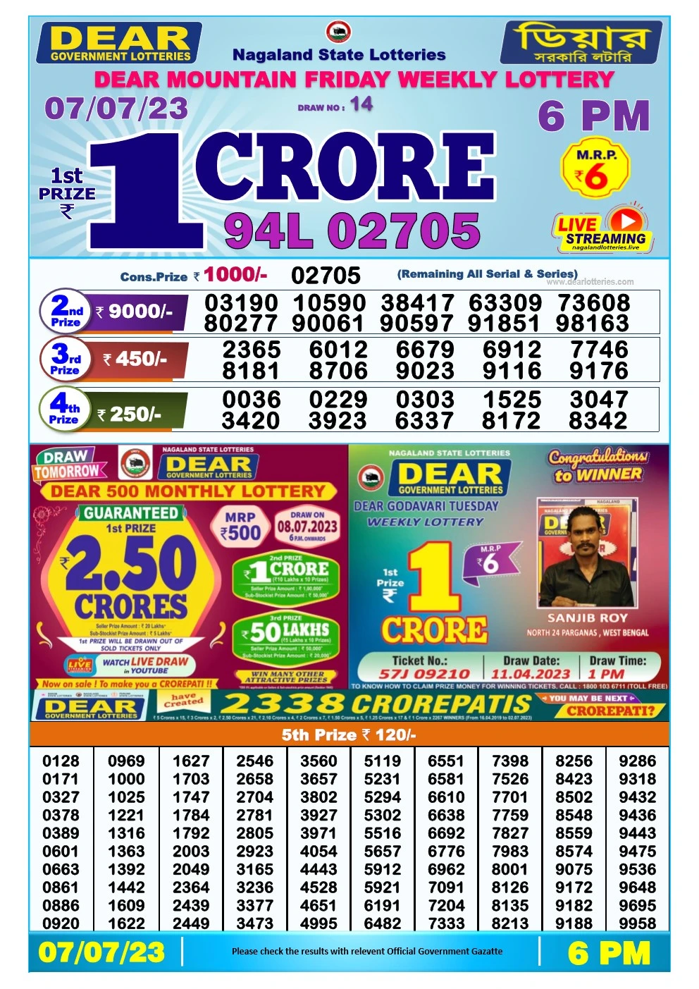 Lottery Sambad Day 07-07-2023 Dear 6PM Day Result