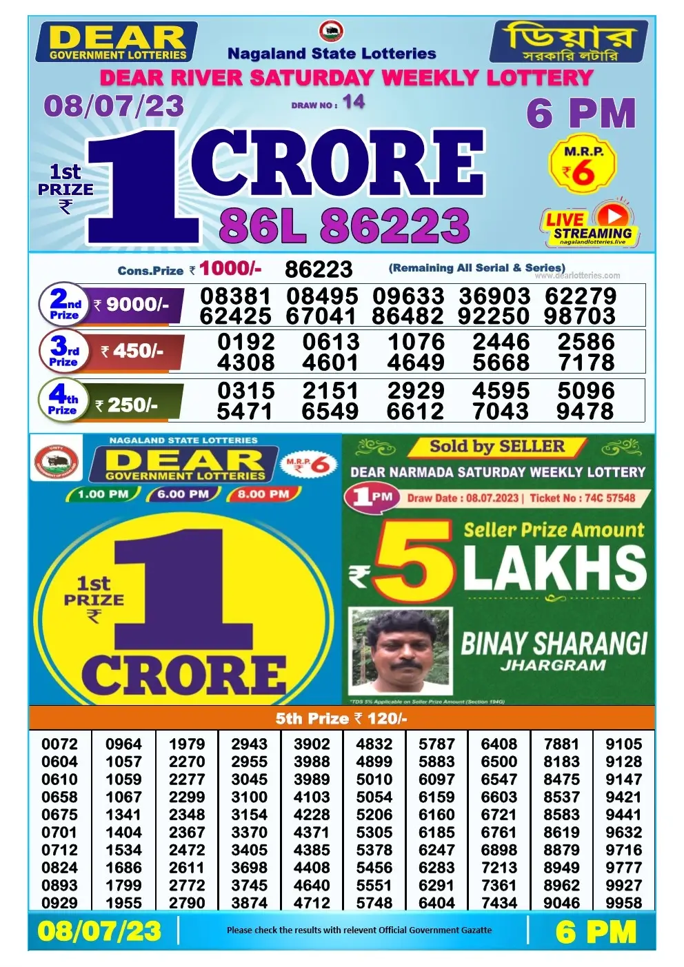 Lottery Sambad Day 08-07-2023 Dear 6PM Day Result