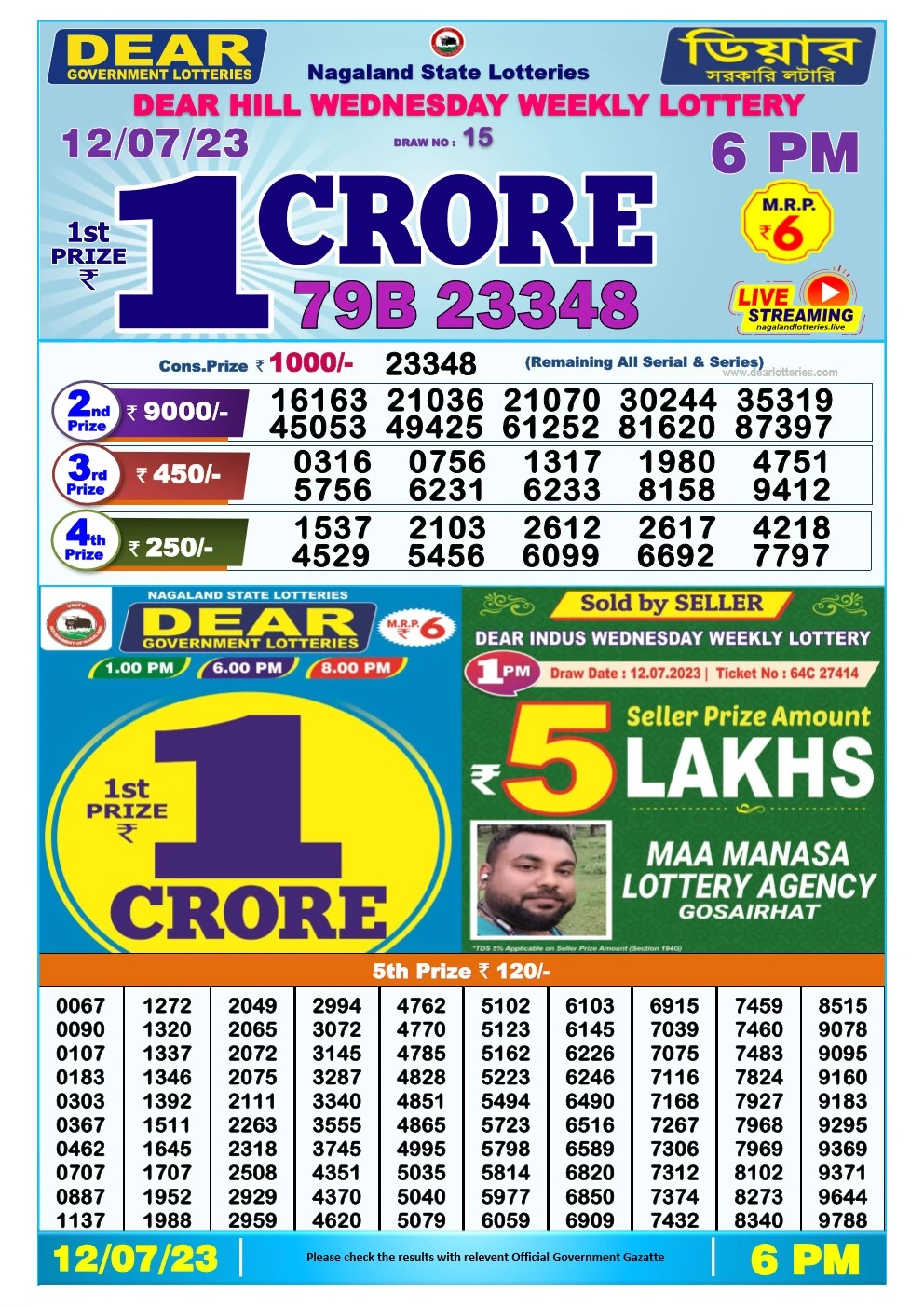 Lottery Sambad Day 12-07-2023 Dear 6PM Day Result