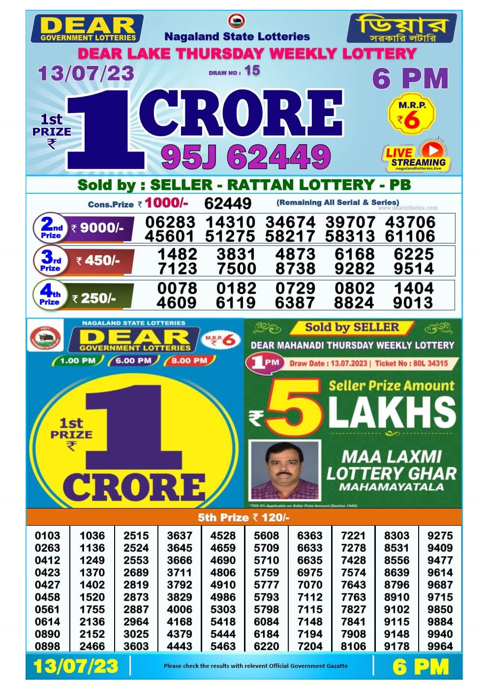 Lottery Sambad Day 13-07-2023 Dear 6PM Day Result
