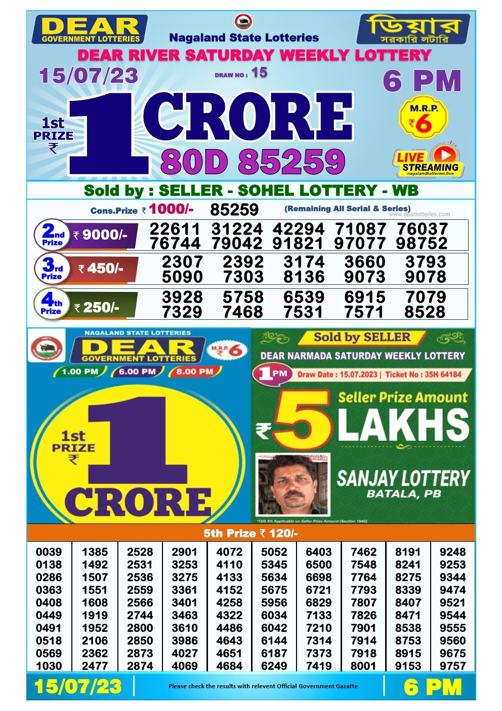 Lottery Sambad Day 15-07-2023 Dear 6PM Day Result