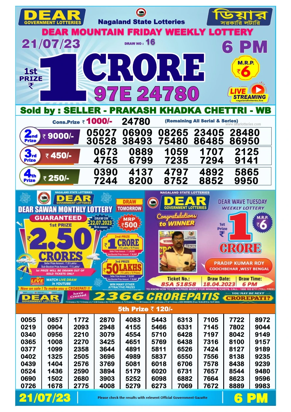 Lottery Sambad Day 21-07-2023  Dear 6PM Day Result