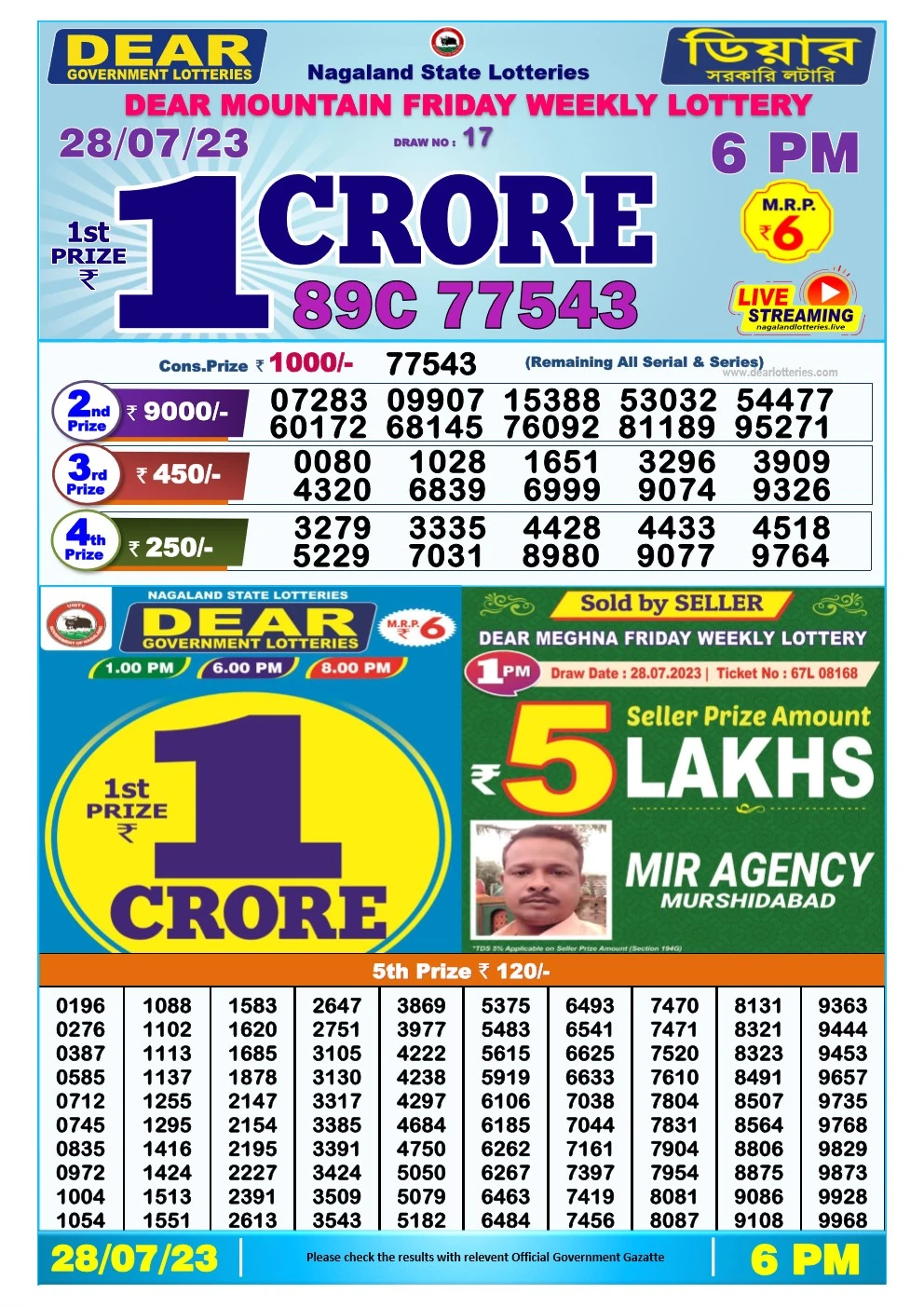 Lottery Sambad Day 28-07-2023 Dear 6PM Day Result
