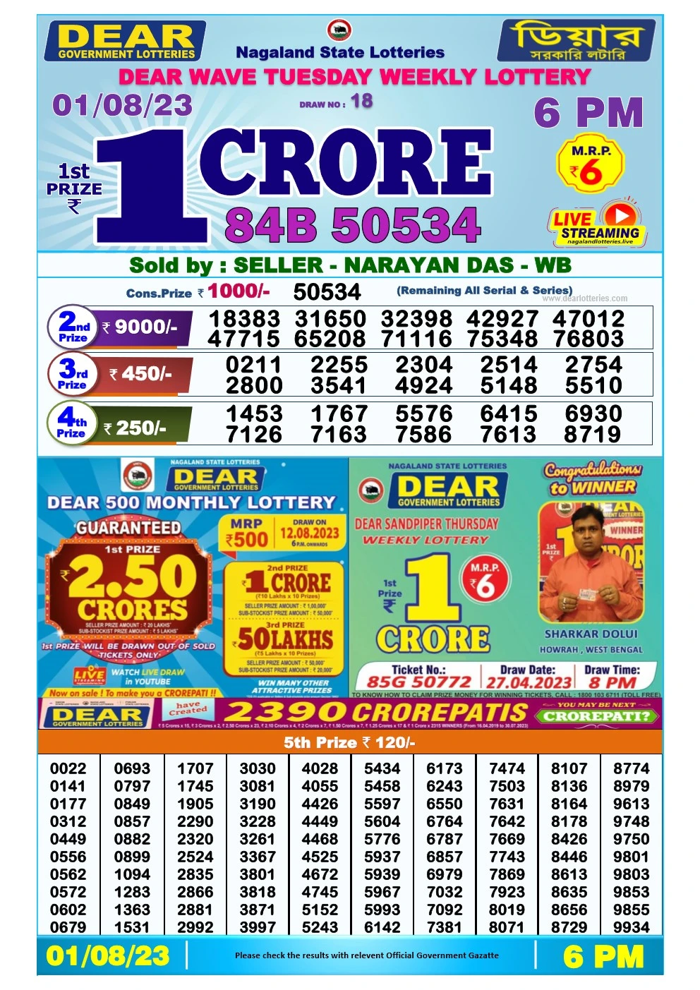 Lottery Sambad Day 01-08-2023  Dear 6PM Day Result