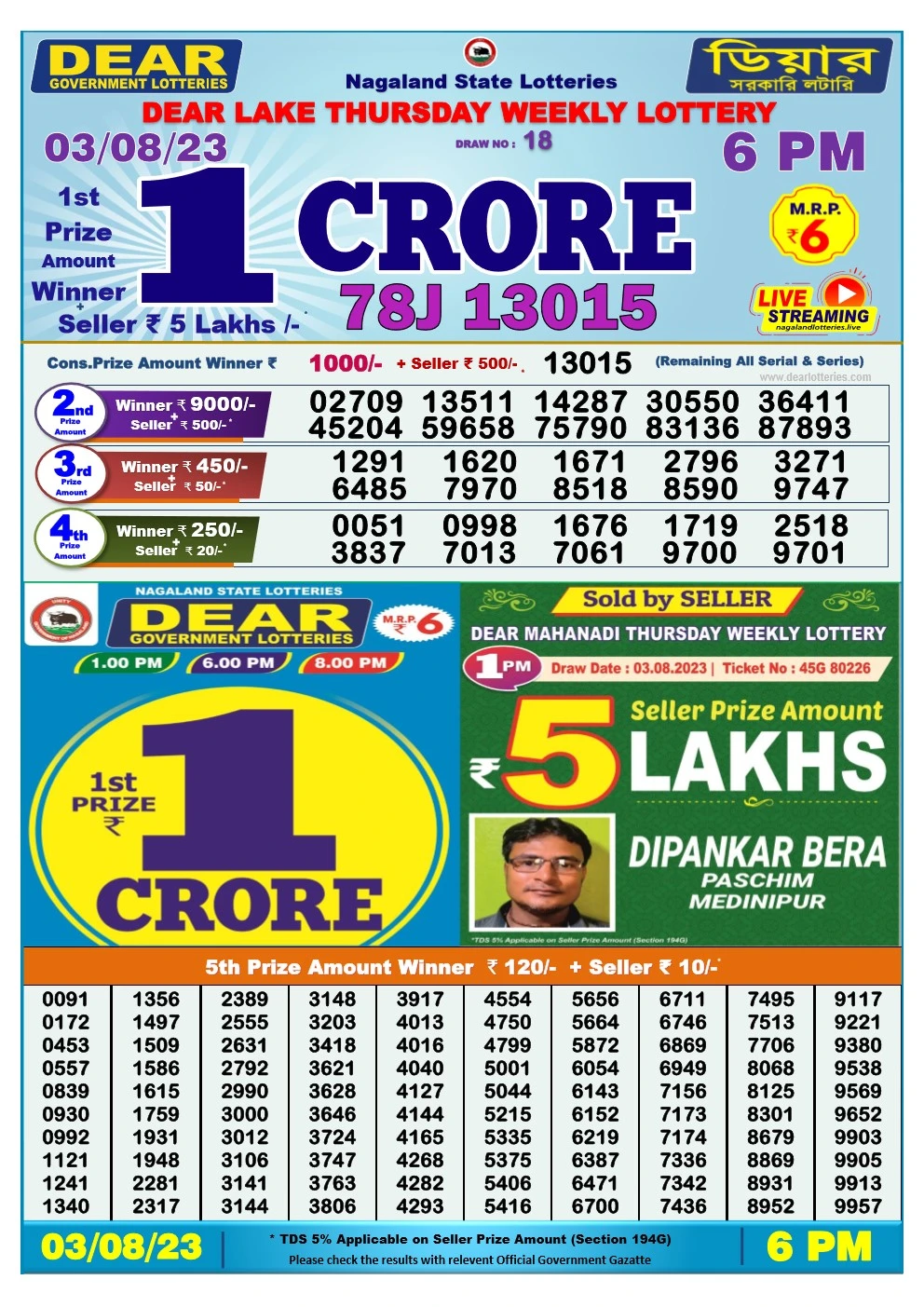 Lottery Sambad Day 03-08-2033  Dear 6PM Day Result