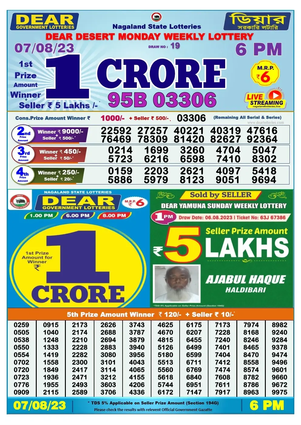 Lottery Sambad Day 07-08-2023 Dear 6PM Day Result