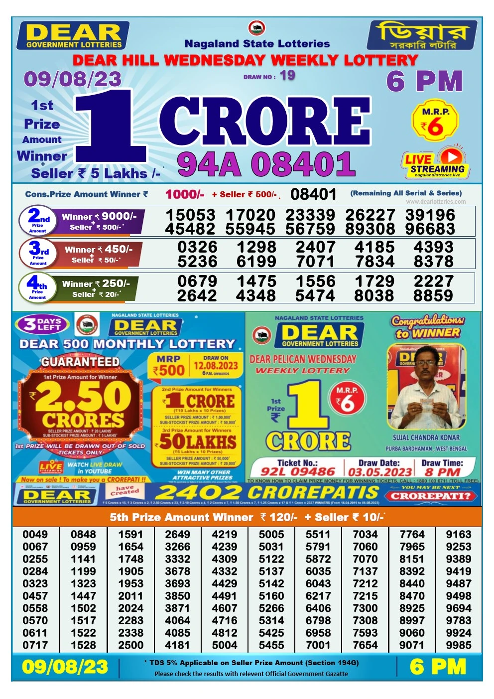 Lottery Sambad Day 09-08-2023 Dear 6PM Day Result