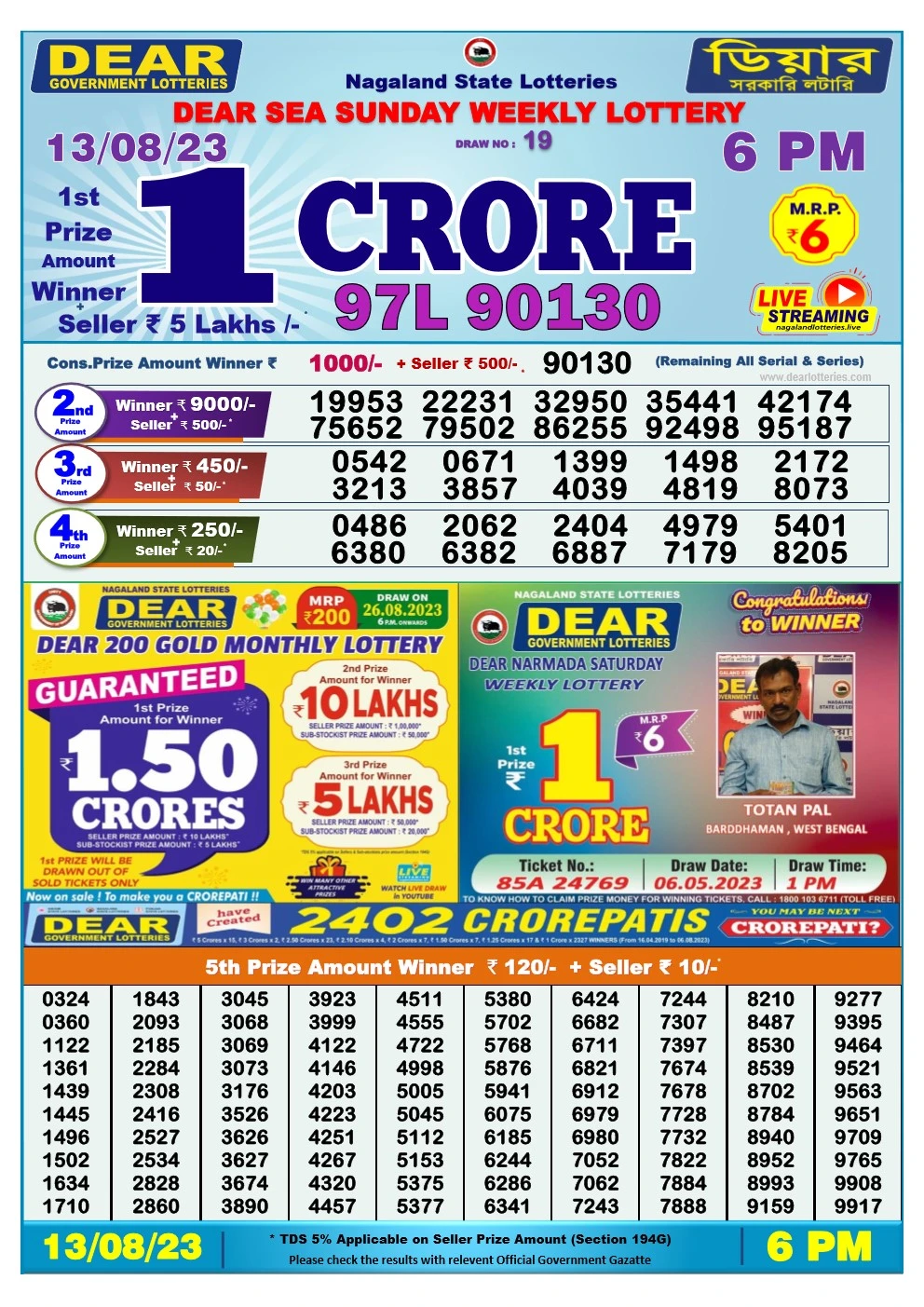 Lottery Sambad Day 13-08-2023 Dear 6PM Day Result