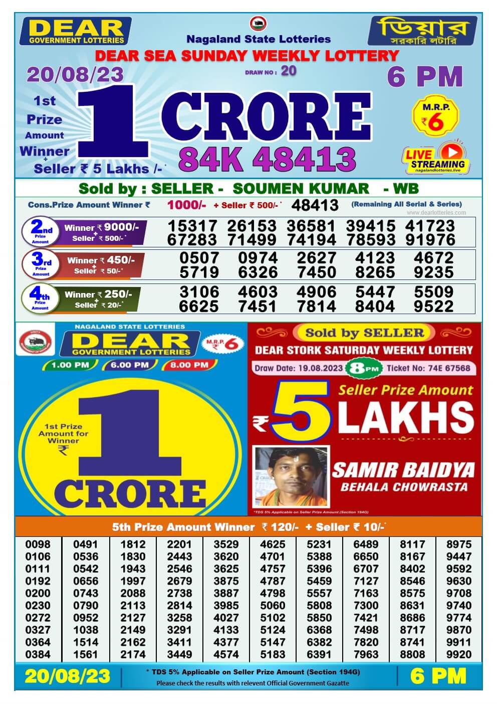 Lottery Sambad Day 20-08-2023 Dear 6PM Day Result