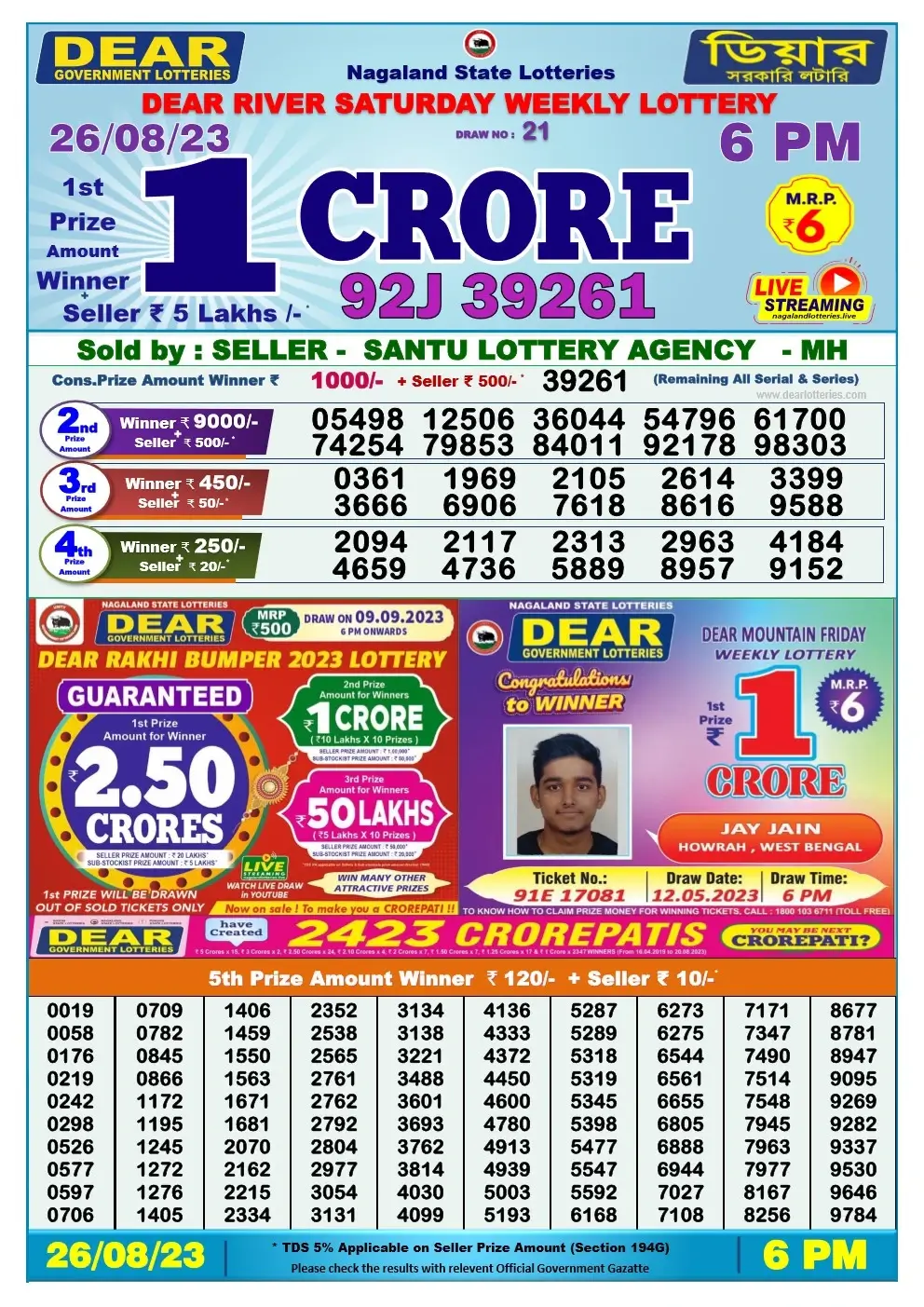 Lottery Sambad Day 26-08-2023 Dear 6PM Day Result